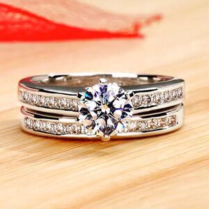 Silver Tone Engagement Ring & Band Set